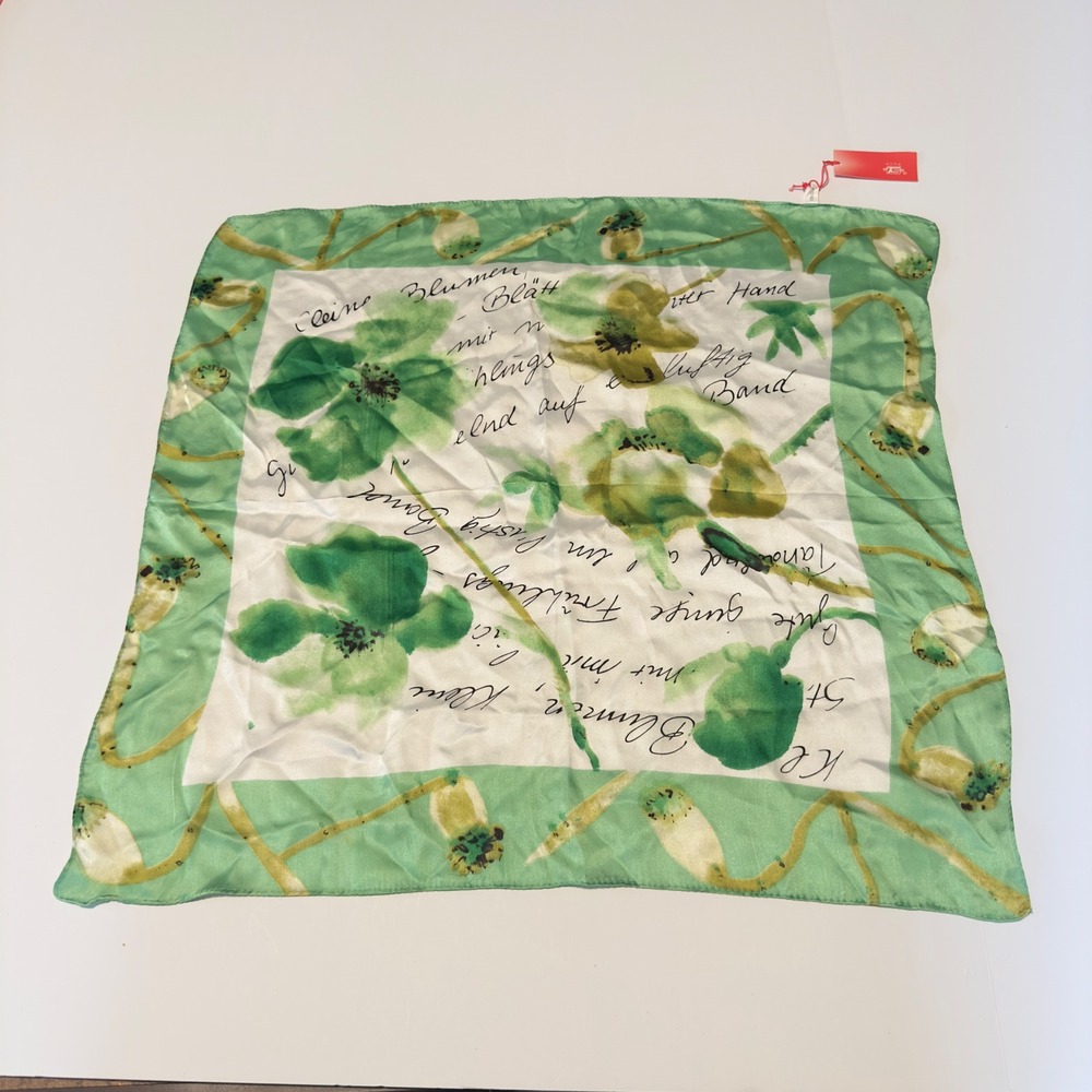 Silk Scarf Green White Floral Script Square 20" Botanical Cottagecore Academia